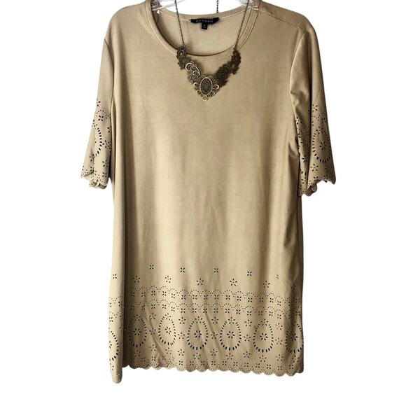 Anthro Tan Suede Laser Cut Out Casual Boho Hippie Minimalist Blouse Small - Picture 3 of 7